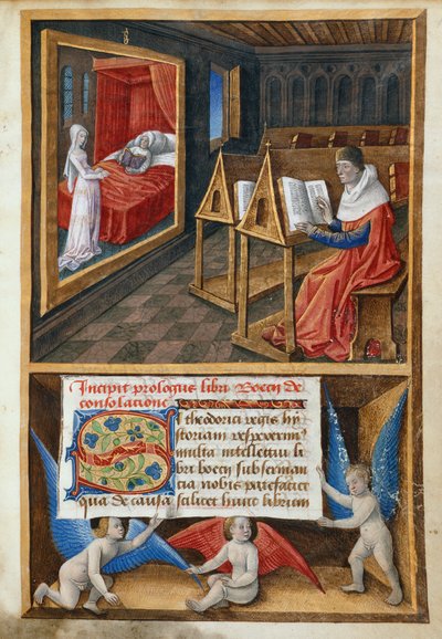 Boethius og filosofi, illustrasjon fra 'The Consolation of Philosophy' av French School