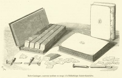 Katalogboks, nytt system i bruk på Bibliotheque Sainte-Genevieve (gravering) av French School