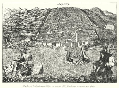 Bombardement av Alger til sjøs, i 1683; etter en gravering fra 1600-tallet (gravering) av French School