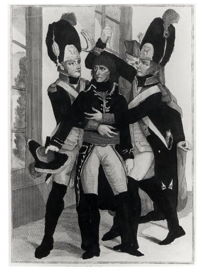Bonaparte (1769-1821) Beskyttet av to grenaderer under sesjonen i St.Cloud, 19 brumaire an 8 (10. november 1799), ca. 1800 av French School