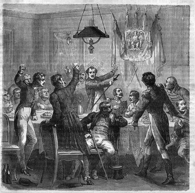 Bonapartist banquet under the Restoration between the fall of the First Empire on 6 April 1814 and the revolution of the Three Glorieuses on 29 July 1830. Engraving in “Histoire des Papes-Rois-Queen and Empereurs a travers les centuries”” by Maurice Lachat av French School