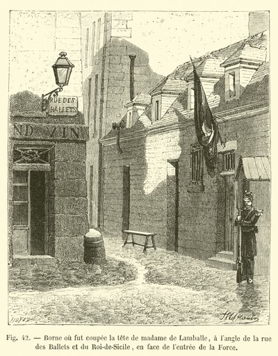 Pullert der Madame de Lamballes hode ble kuttet av, på hjørnet av rue des Ballets og rue du Roi-de-Sicile, overfor inngangen til La Force av French School