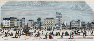 Boulevard Beaumarchais cote sud - Cafe Gibe - Hotel de Ninon de Laclos - Theatre Beaumarchais - Rue pas de la mule - Engraving in “Tableau-de-Paris” by Edmond Texier 1852 av French School