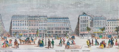Boulevard Montmartre på sørsiden og boulevard des Italians på sørsiden - Rue Vivienne - Maison Frascati - Rue Richelieu - Cafe Cardinal - Gravering i "Tableau-de-Paris" av Edmond Texier 1852 av French School