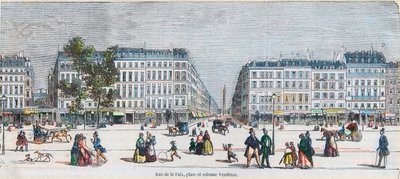 Boulevard des Capucines (Sørkysten) - Rue de la Paix, sted og Vendome-søyle - Gravering i "Tableau-de-Paris" av Edmond Texier 1852 av French School