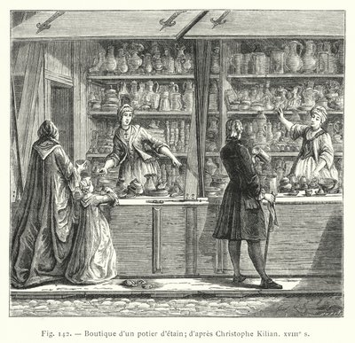 En pottemakerbutikk i tinn; etter Christophe Kilian, 1700-tallet (gravering) av French School