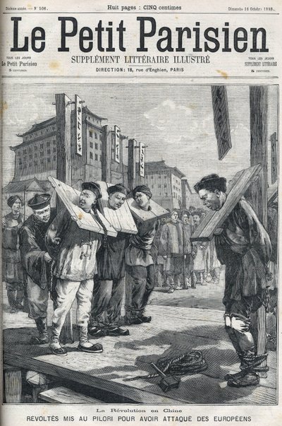 Boxer Revolt in China in 1898: Revolts put in pillory for attacking Europeans. Cover of “” Le petit parisien”” from 1898. av French School