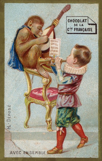 Gutt og ape spiller musikkinstrumenter sammen (chromolitho) av French School