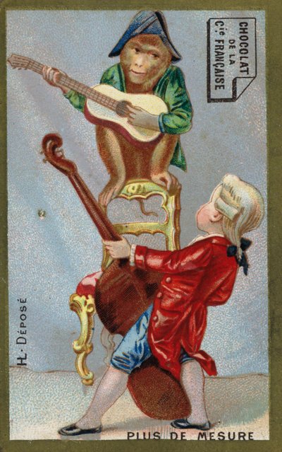 Gutt og ape spiller musikkinstrumenter sammen (chromolitho) av French School