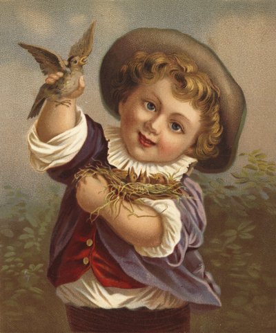 Gutt som holder en fugl og fugleredet (chromolitho) av French School