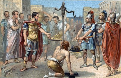 Brennus leder av den galliske stammen av Senons uttaler at den skjebnesvangre Vae victis (Ve de beseirede!) kaster sitt tunge sverd inn på skalaens platå, som motvekt den gylne hyllesten han krevde av romerne for å heve beleiringen av Ca. av French School