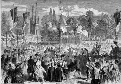Breton Ball på slagmarken ved Quimper (Finistere, 29) i nærvær av Napoleon III (1808-1873) og imponen Eugenie (1826-1920). Gravering i "" Le Monde Illustré"" nr. 72 av 28. august av French School