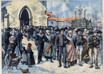 Breton custom: Traditional marriage in Plougastel (Finistere, Brittany). Marriages leave the Church. Engraving in “” Le Petro Parisien”” av French School