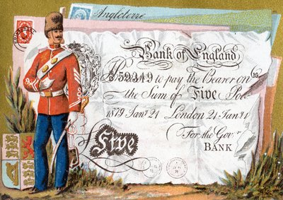 Britisk hærsoldat som vokter en Bank of England Five Pound Note, 1886-95 av French School