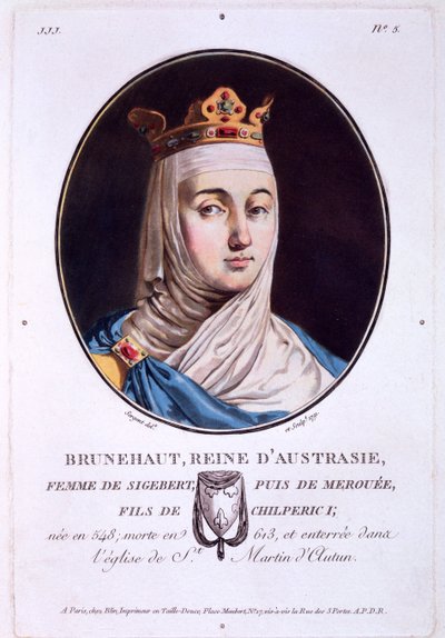 Brunhilda, dronning av Austrasia, fra Portraits of Great Men, Illustrious Women, and Memorable Subjects of France, publisert 1787-92 av French School