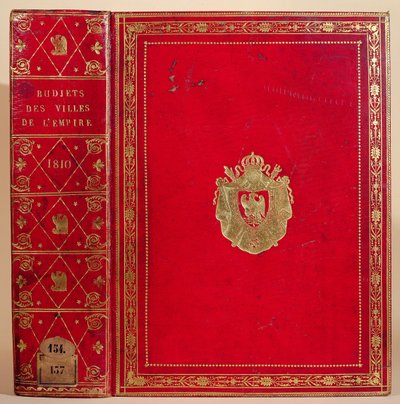 Budsjetter for byer i det franske imperiet, bundet med våpenskjoldet til Napoleon Bonaparte (1769-1821) 1810 (rødt marokkansk lær og gull) (se også 165117) av French School