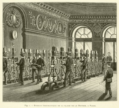 Pneumatisk kontor på Place de la Bourse, i Paris (gravering) av French School