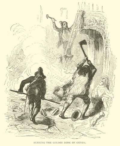 Brenne den gyldne bok i Genova (gravering) av French School
