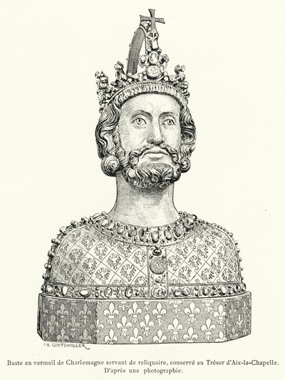 Vermeil-byste av Charlemagne tjener som relikvieskrin, bevart i statskassen i Aix-la-Chapelle (gravering) av French School