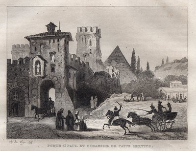 Caius Cestus-pyramiden og St. Paul-porten i Roma Porte Saint Paul og pyramiden til Caius Sextus a Roma - Gravering fra "" Pittoreske Italia"" - Historisk og beskrivende maleri av Italia"" av M. de Norvins, Ch. Nodier 1834-1836. av French School
