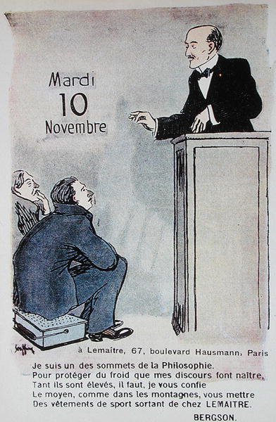 Kalender for 1914 reklame for sportsklær med en karikatur av den franske filosofen Henri Bergson (1859-1941) av French School