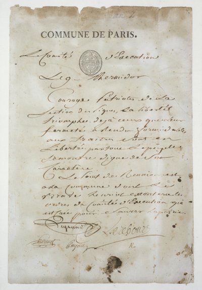 Ring fra Maximilien de Robespierre (1758-94) for å bli med i kommunen, 9 Thermidor An 2 (27. juli 1794) (penn og blekk på papir) av French School