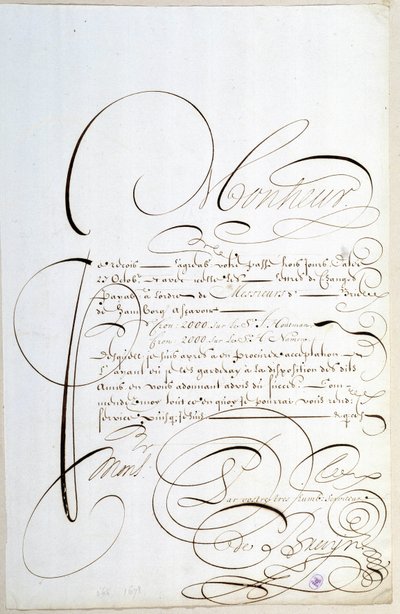 Kalligrafi: Regnskapsbrev kalligrafert rundt 1678 av Francois de Bruyn. av French School