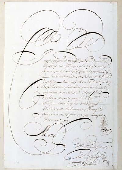 Kalligrafi: Regnskapsbrev kalligrafert rundt 1678 av Francois de Bruyn. Paris