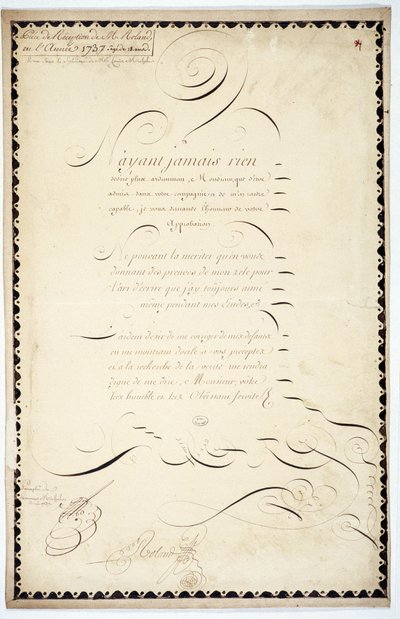 Kalligrafi: Mottaksstykke datert 1737 av Andre Francois Roland. av French School