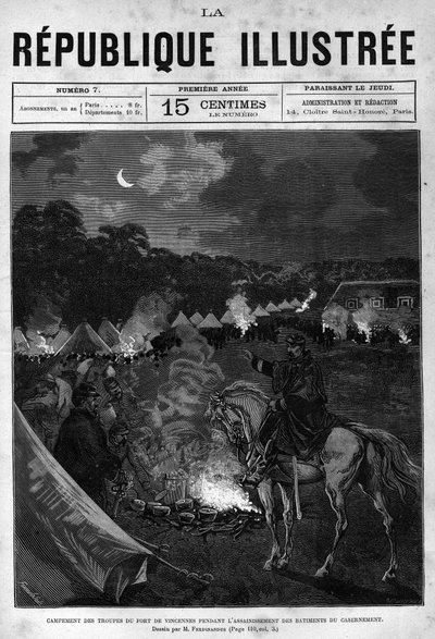 Leir av troppene til Fort de Vincennes under oppryddingen av bygningene. En avis. Gravering fra 1880 i "La republique illustree"" privatsamling. av French School