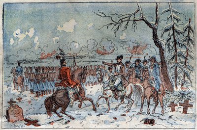 Kampanje av Preussen og Polen (1806-1807): "" Napoleon I (1769-1821) på slagmarken til Eylau den 08.02.1807 beordret Murat til å slå tilbake det russiske kavaleriet. Gravering fra 1800-tallet. av French School