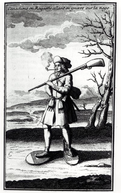 Kanadisk med truger som går til krig mot snøen, fra Histoire de lAmerique septentrionale av Bacqueville de La Potherie (1663-1736) utgitt i 1753 av French School