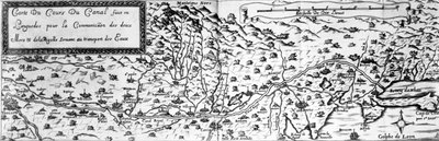 Canal du Midi, som forbinder Atlanterhavet med Middelhavet, begynner ved Toulouse og slutter, etter Agde, ved Etang de Thau (bw-foto av gravering fra 1600-tallet) av French School