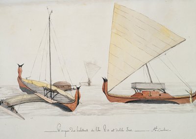 Kanoer av innbyggere på Pis- og Irosøyene (Carolineøyene), akvarellmaleri av Jules-Louis Lejeune, fra Duperrey