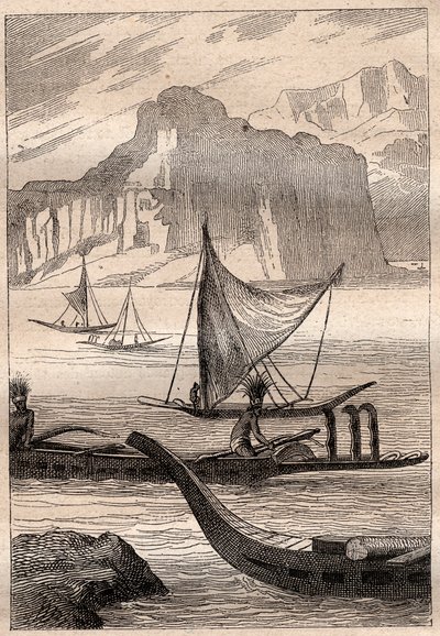 Kanoer fra Marquises-øyene - illustrasjon hentet fra "The Great Mariners of the 18th century"" av French School