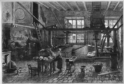 Canut verksted. Interiør i et silkeveververksted i Lyon under en krise på slutten av 1800-tallet. Gravering i "" Le Monde Illustré"" nr. 1039 av 10. mars 1877. av French School