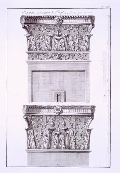 Hovedsteder fra tempelet nær de romerske badene, Nimes, fra Antiquites de la France: Vol I, Monuments de Nimes av French School