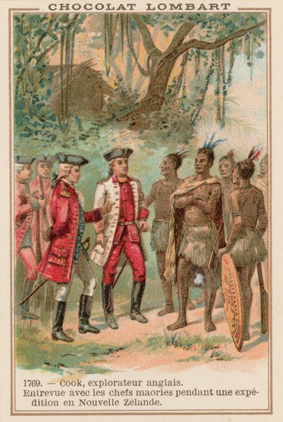 Kaptein James Cook møte med maorihøvdinger i New Zealand, 1769 av French School