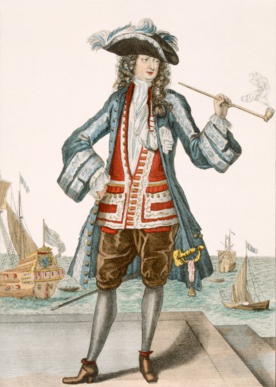 Kaptein Jean Bart av Dunkerque 88:Le Capitaine Jean Baert de Dunquerque, kapteinen på flåten, står og røyker en lang pipe på kaien; Jean Bart (1651-1702), flamsk sjømann w av French School
