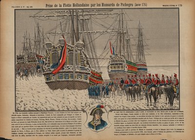 Fangst av den nederlandske flåten på den frosne Ijsselmeer av franske husarer kommandert av general Pichegru, januar 1795 (farget gravering) av French School