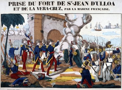 Fangst av fortet Saint John of Ulloa og La Vera Cruz i Mexico i november 1838. Bilde av Epinal av French School