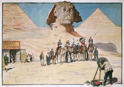 Karavane av turister som blir fotografert foran sfinxen i Giza av French School