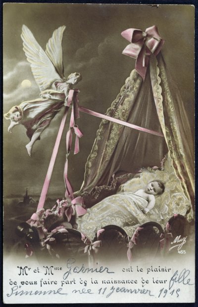 Kort som kunngjør fødselen av en baby, 11. januar 1915 (farget bilde) av French School