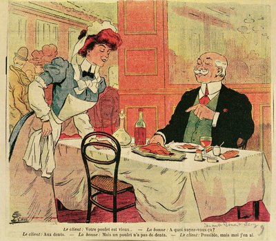Karikatur av kunde og servitør i en restaurant, ca. 1905 av French School