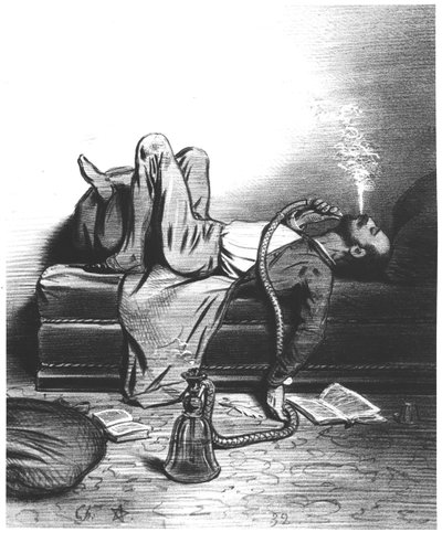 Karikatur av den romantiske forfatteren som søker sin inspirasjon i hasj, ca. 1849 av French School