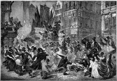 Karnevalsscene i gatene i Antwerpen (Belgia) i 1860. Gravering i “” Le Monde Illustré”” nr. 151 av 3. mars 1860. av French School