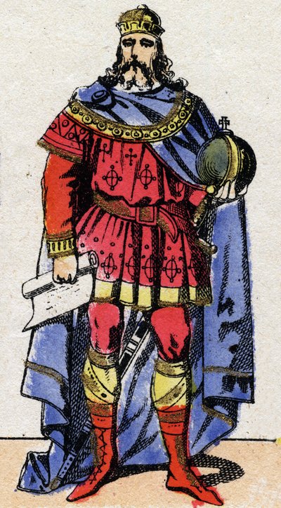 Karolingisk dynasti: Portrett av Karl, kjent som den store eller Karl den Store (Carolus Magnus, 742-814) keiser fra 800 til 814. Epinalbilde fra slutten av 1800-tallet. Privat samling. av French School