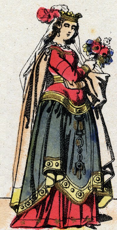 Karolingisk dynasti: Portrett av Hildegarde av Vintzgau (v. 758-783) kone til Karl den store eller Karl den Store (Carolus Magnus, 742-814). Epinal avbildning fra slutten av 1800-tallet. Privat samling. av French School