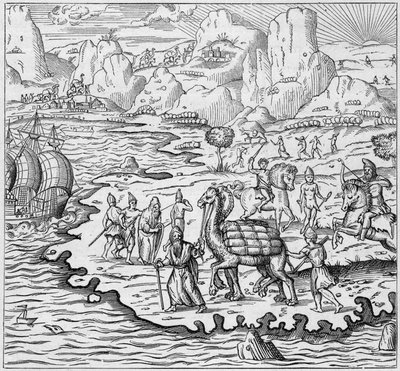 Godstransport med kamel for lasting av skip som forlater den greske disken i Alexandria til Europa. Gravering i "La Marine et les colonies: handel" av French School
