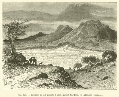 Steinsaltbrudd med åpen gruve i Cardone, Catalonia, Spania (gravering) av French School